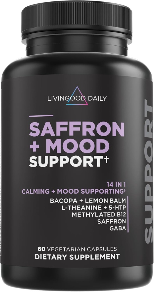 Livingood Daily Mood Supplément de soutien pour les femmes et les hommes, 14-en-1 Formule avec L Theanine, Lemon Baume, GABA, Safran, 5-HTP & B12, Supports Focus & Emotional Wellness, Sans gluten, Vegan, 60 Capsules