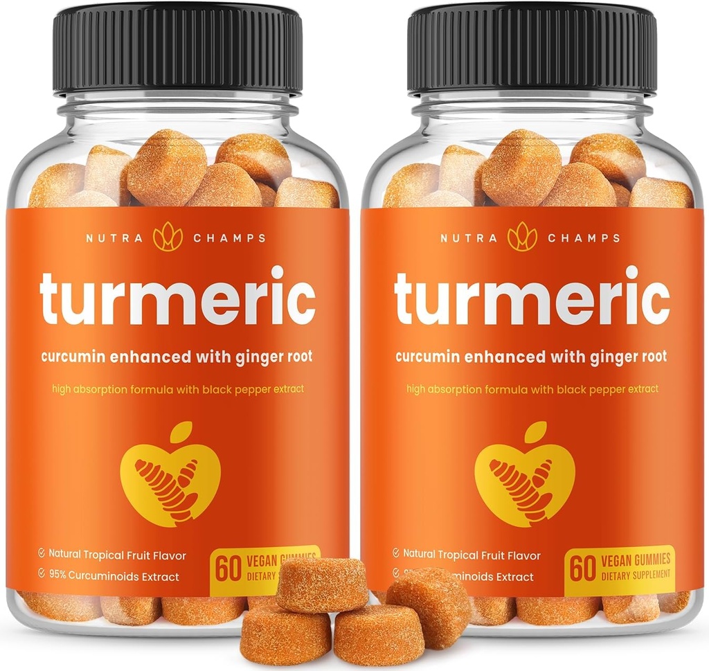 Gummies curcuma pour adultes et enfants avec gingembre et extrait de poivre noir 95 % Curcuminoïdes Résumé soutien à l'articulation de Curcumin naturel végétalien 120 suppléments de gummy tumeric (2-Pack)