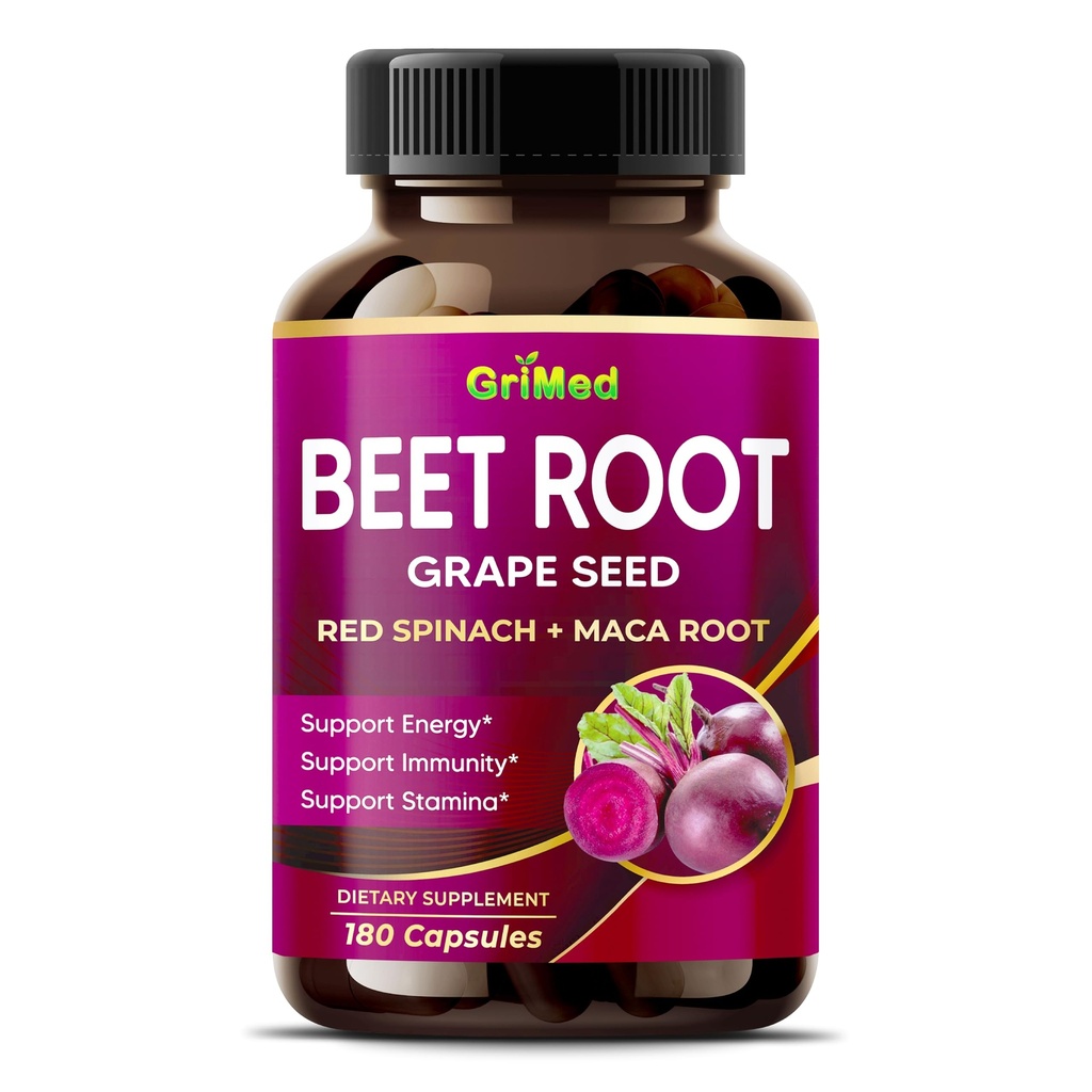 Racine de betterave grimed avec extrait de graines de raisin, racine de maca, épinards rouges et ashwagandha – 180 capsules végétales