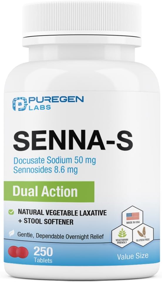 Puregen Labs Senna-S Natural Vegetable Laxative Plus Tabouret Adoucissant Double Action - 250 Comprimés Senna Plus.