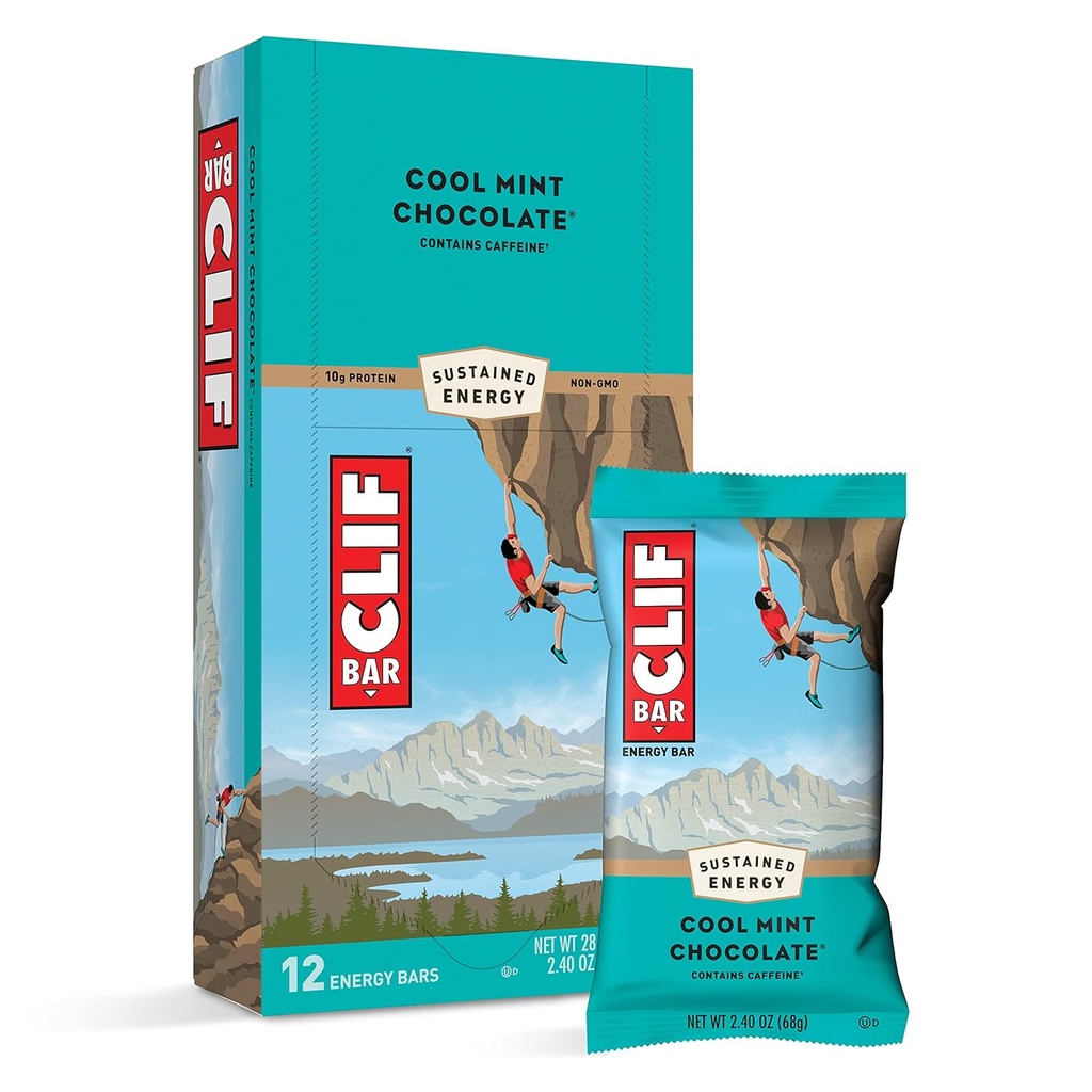 CLIF BARS - Energy Bars - Cool Mint Chocolate - With Caffeine - Made with Organic Oats - Plant Based Food - Vegetarian - Kosher (2.4 Ounce Protein Bars, 12 Count) Packaging May Vary