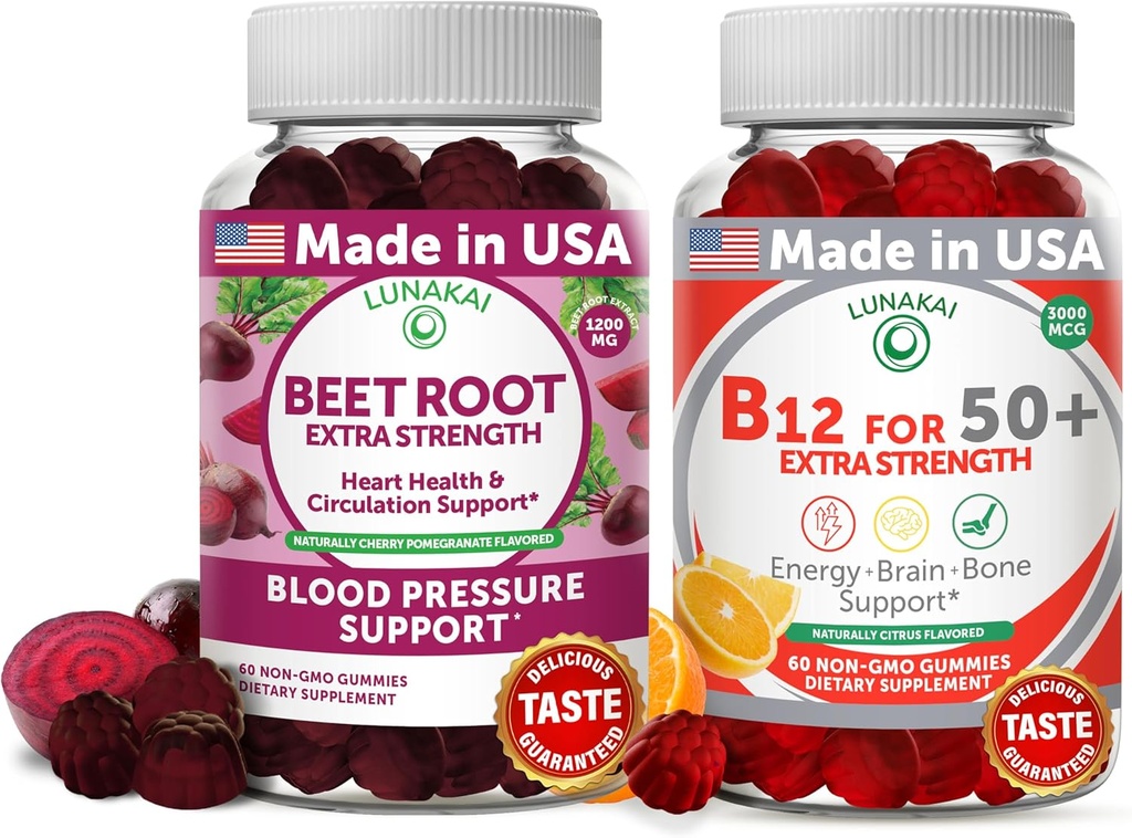 Lunakai Beet Root and Vitamin B12 Gummies for Adults 50 Plus Bundle Proprietary Antioxidant Blend - Heart & Circulation Support, Energy & Vitality Boost, High Strength