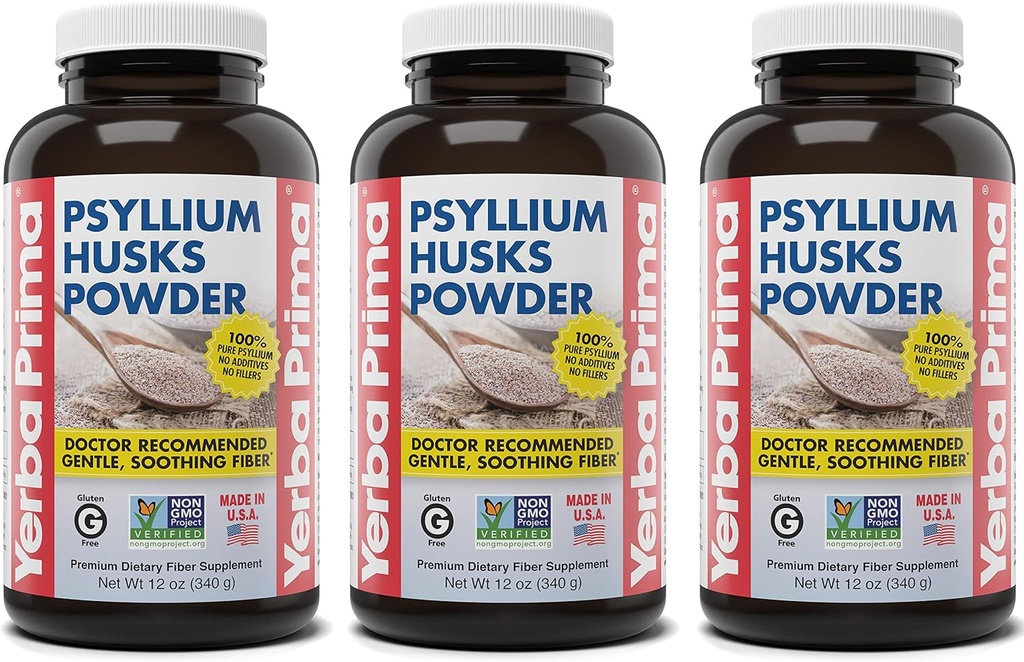 Yerba Prima Poudre de muscs de Psylium - 12 oz (paquet de 3) - Supplément en fibre naturelle - Nettoyage des colonies - Vegan, non-OGM, sans gluten (nouvelle étiquette - emballage mai Vary)
