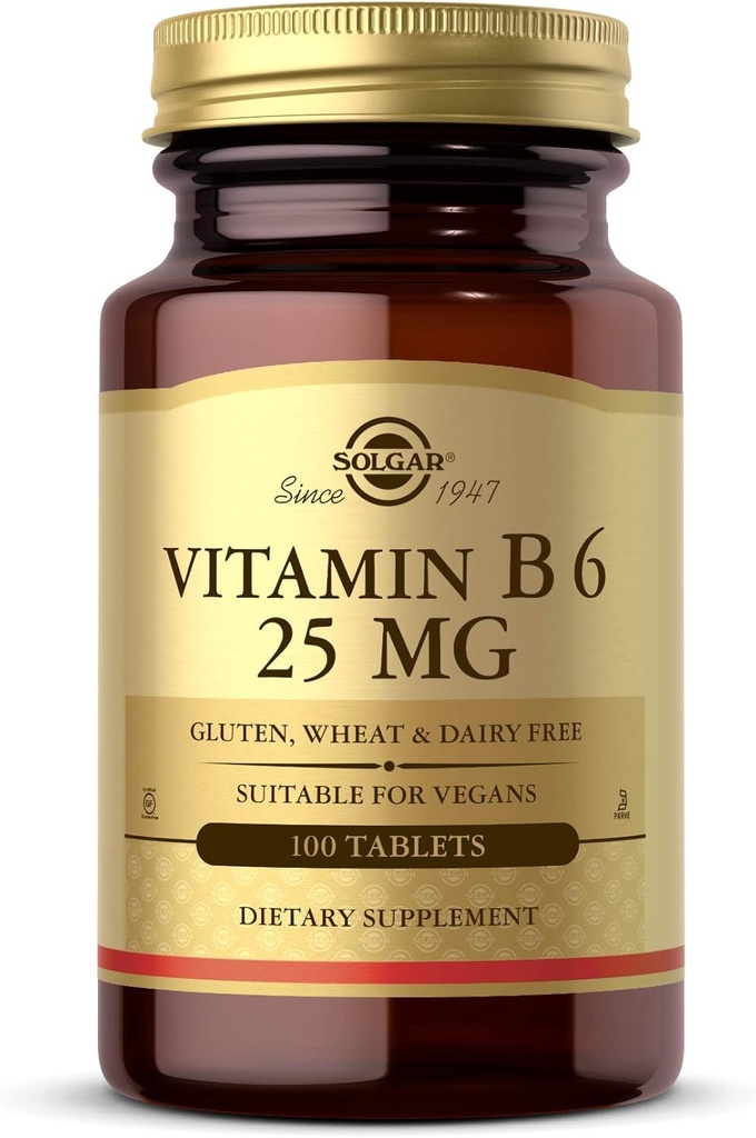Solgar Vitamine B6 25 mg, 100 comprimés - soutient le métabolisme énergétique, la santé cardiaque et le système nerveux sain - supplément complexe B - végétalien, sans gluten, sans lait, sans casher - 100 portions