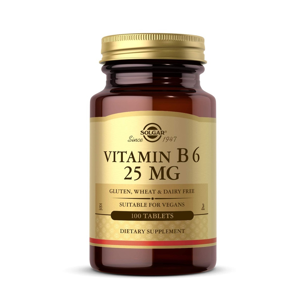 Solgar Vitamine B6 25 mg, 100 comprimés - soutient le métabolisme énergétique, la santé cardiaque et le système nerveux sain - supplément complexe B - végétalien, sans gluten, sans lait, sans casher - 100 portions