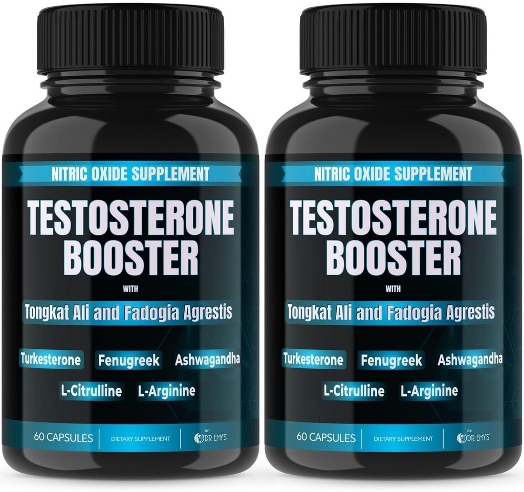 Dr. Emy's (2 Pack Testostérone Booster-Tongkat Ali Fadogia Agrestis Nitric Oxide Ashwagandha Supplément pour les hommes avec L Arginine Citrulline Fenugreek - Turkesterone pré-entraînement pompe (120 capsules)