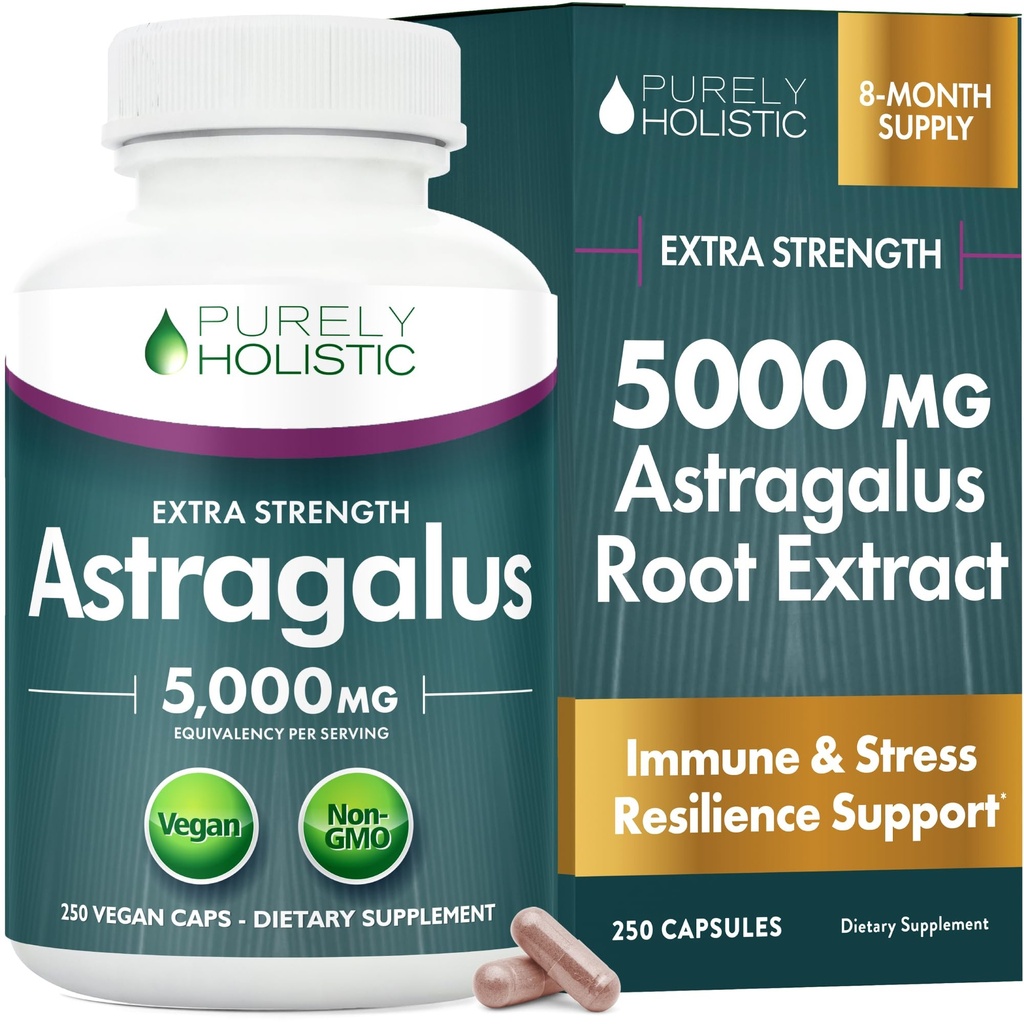 Astragalus Capsules 5 000 mg - 250 Capsules, 8+ mois d'approvisionnement - Astragalus de résistance supérieure extrait de racine 20:1 - non OGM, végétarien et végétalien - soutient le système immunitaire et cardiovasculaire