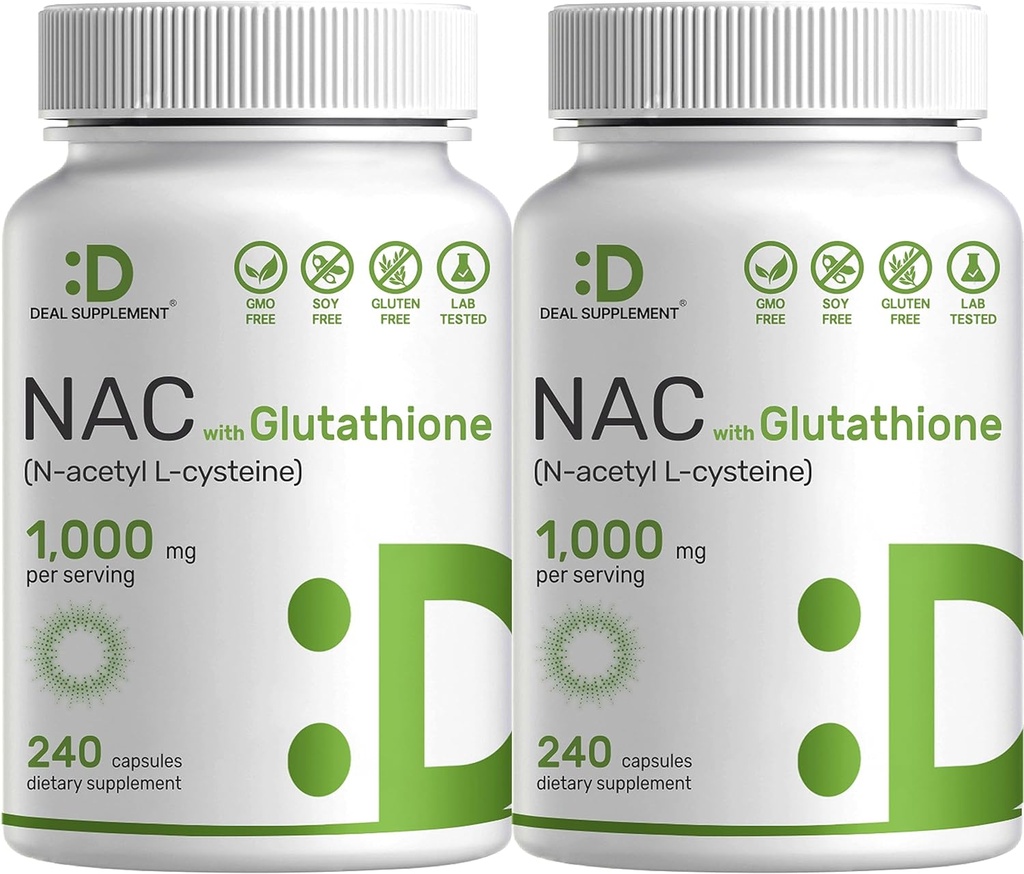 2 Pack Supplément NAC (N-acétyl Cysteine) 1 000 mg avec glutathion réduit, 480 Capsules