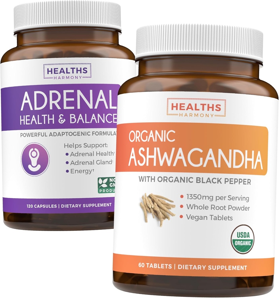 Adrenal & Ashwagandha (1-Mois d'approvisionnement) Calm & Energize Bundle - Support adrénal avec L-Tyrosine (120 Capsules) & USDA Organic Ashwagandha 1350mg Ashwagandha poudre de racine par portion (60 Capsules)