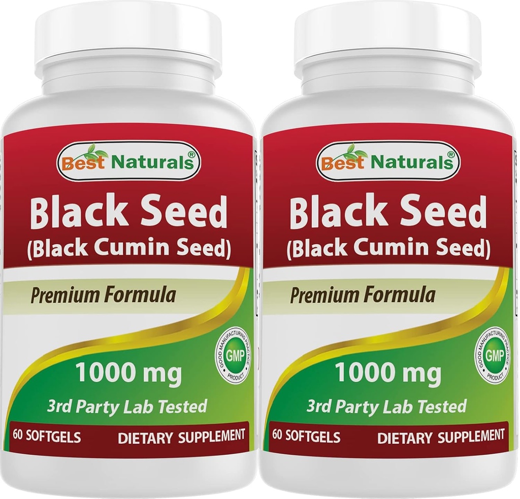 Best Naturals 2 Packs Capsules d'huile de graines noires 1000 mg (non-OGM) Nigella Sativa - 100 % Cold Pressed Black Cumin Seed Oil Pills Contient Thymoquinonoe 60 Compte (Total 120 Softgels)