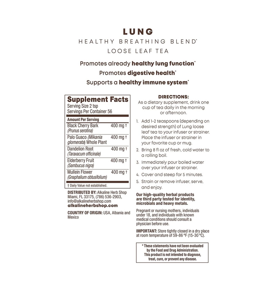 Alkaline Herb Shop - Happy Lung Tea Supplement - Fabriqué avec des herbes sauvages naturelles - Mullein, Elderberry, Dandelion Root, Wild Cherry Bark. & Guaco - Vegan - Sans gluten - Thé à base de plantes de 4 oz
