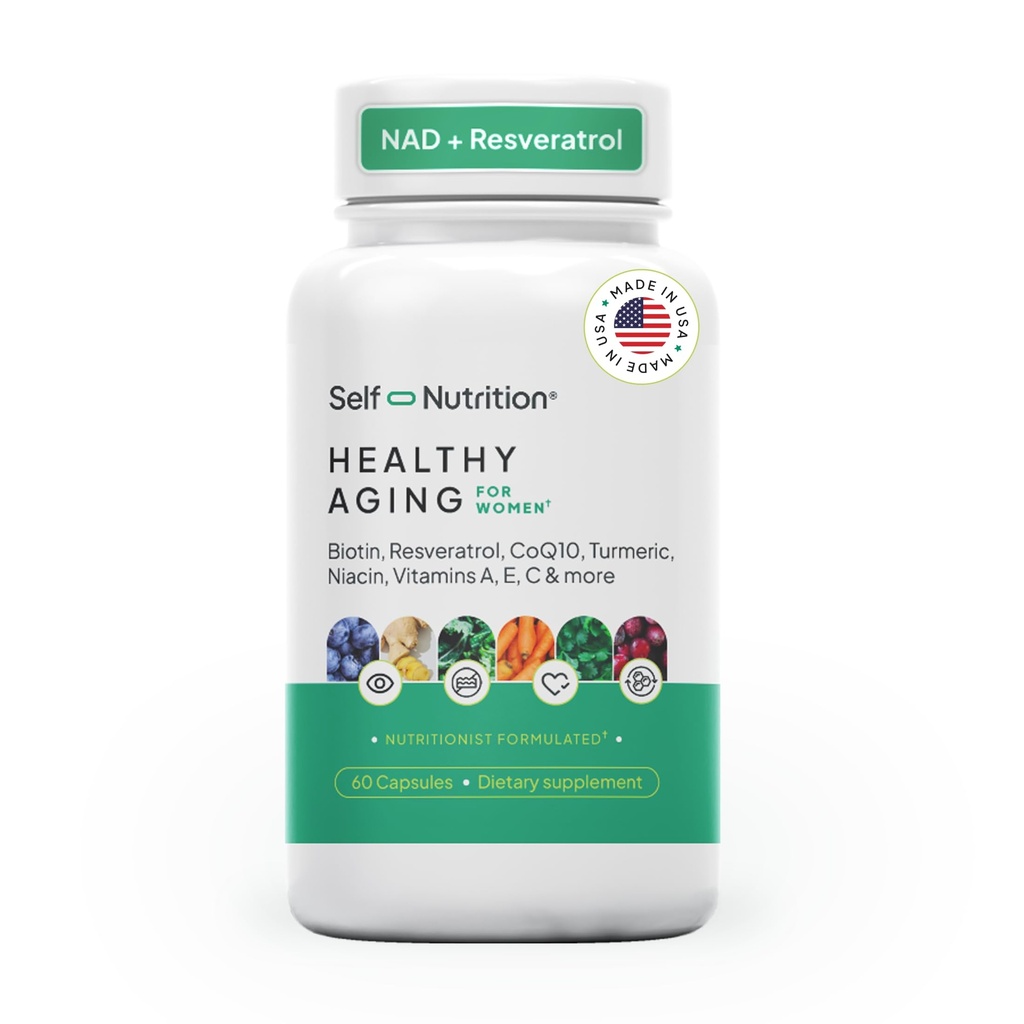 Supplément de vieillissement en santé pour les femmes - Resveratrol, NAD, Collagen Booster, Biotin, Hyaluronique Acid & More. Santé cellulaire, Beauté, Longévité - États-Unis, Vegan, 60 Capsules.