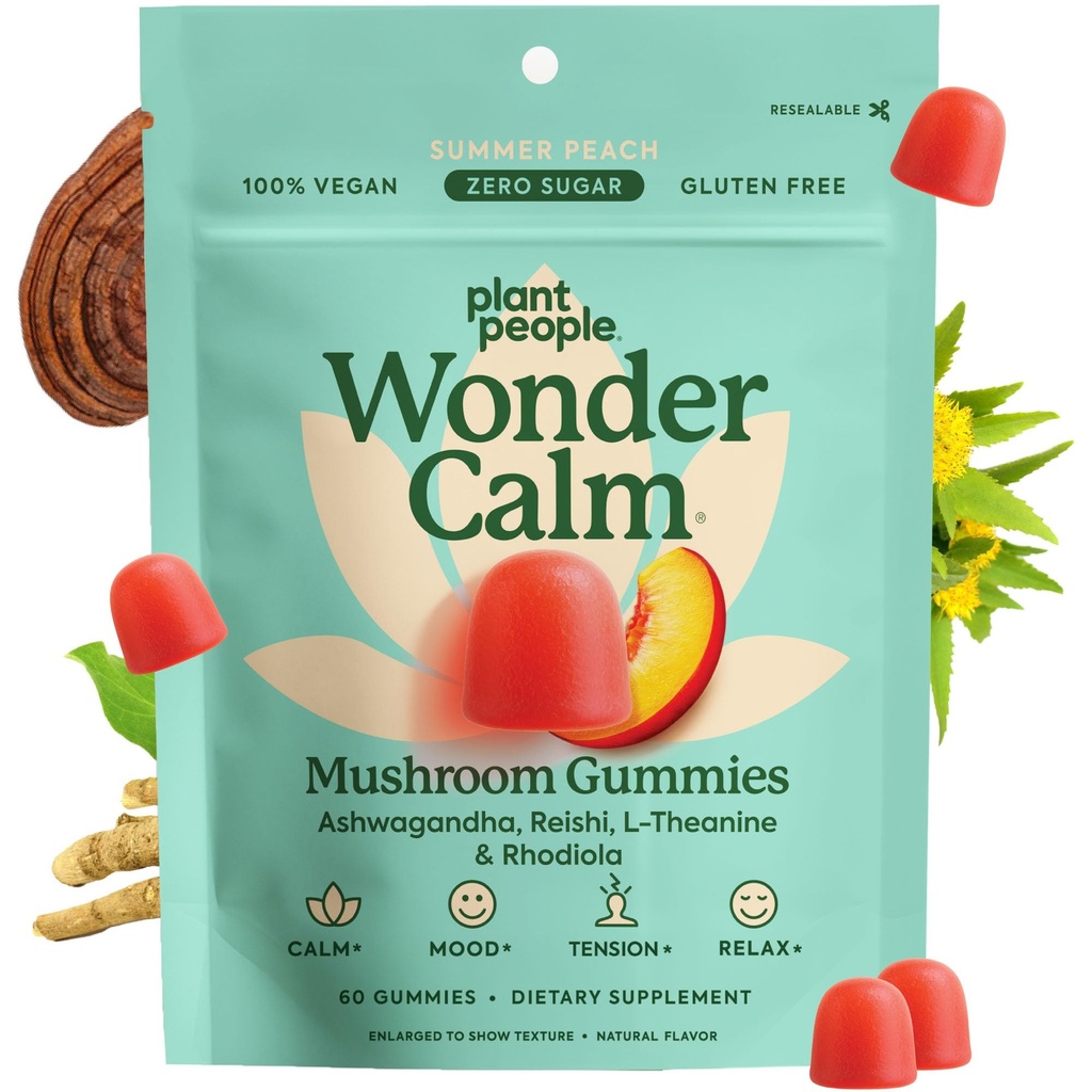 Plant People WonderCalm Mushroom Gummies - Supplément naturel Ashwagandha pour atténuer le stress et stimuler l'humeur pour les adultes sans sucre, gluten ou des couleurs artificielles, Vegan-friendly, Peach Flavor, 60 Comte