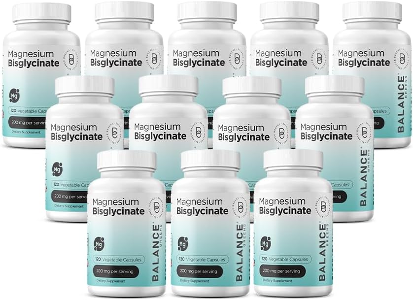 Bisglycinate de magnésium 200mg - supplément de magnésium chélaté à haute absorption - doux sur l'estomac, sans gluten, soutient le sommeil, les crampes musculaires et l'humeur positive - 120 capsules (paquet de 12)