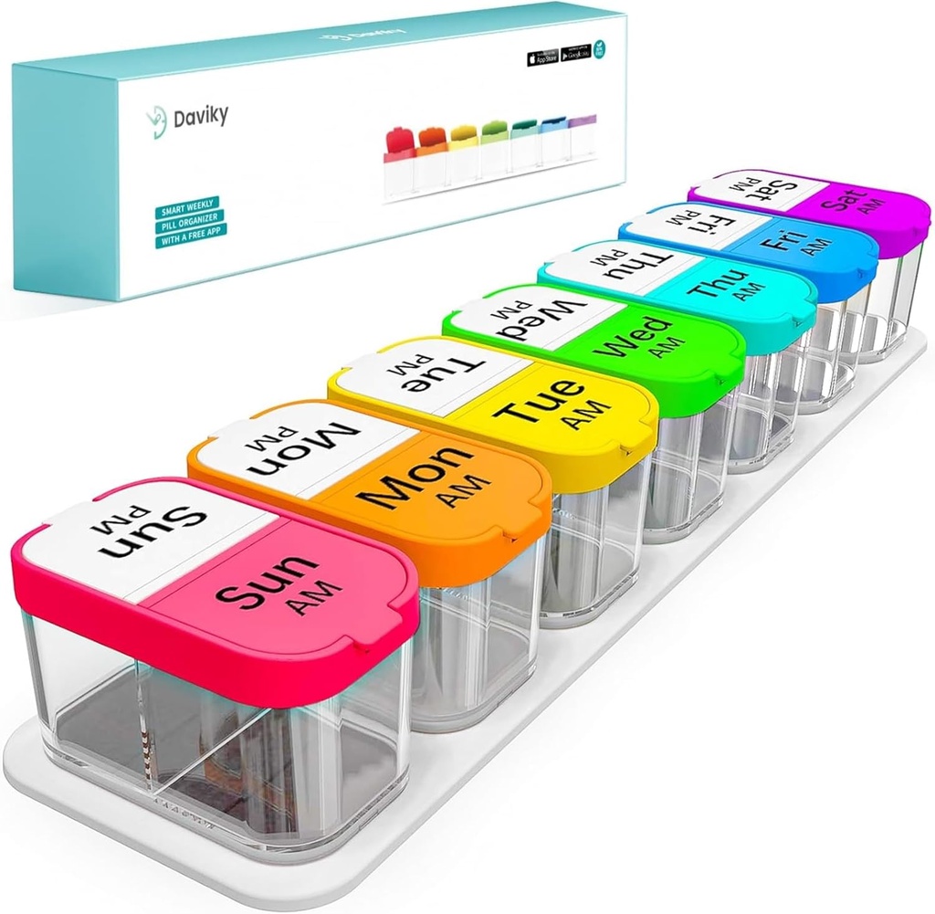 Daviky Extra Large Pill Organisateur 7 jours, XL Weekly Pill Box 2 fois par jour, AM PM Medicine Pill Organisateur de supplément, grand cas de pilule quotidienne avec grand contenant pour tenir les vitamines et les médicaments