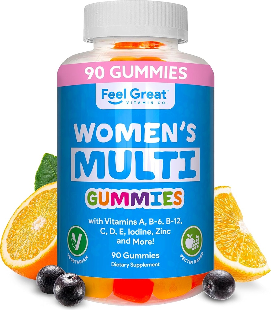 Multivitamine Gummy pour les femmes par Feel Great Vitamin Co. Supplément multi-gummy à croquer avec vitamine A, B-6, B-12, C, D, E, Biotine, Choline, acide folique, zinc et plus