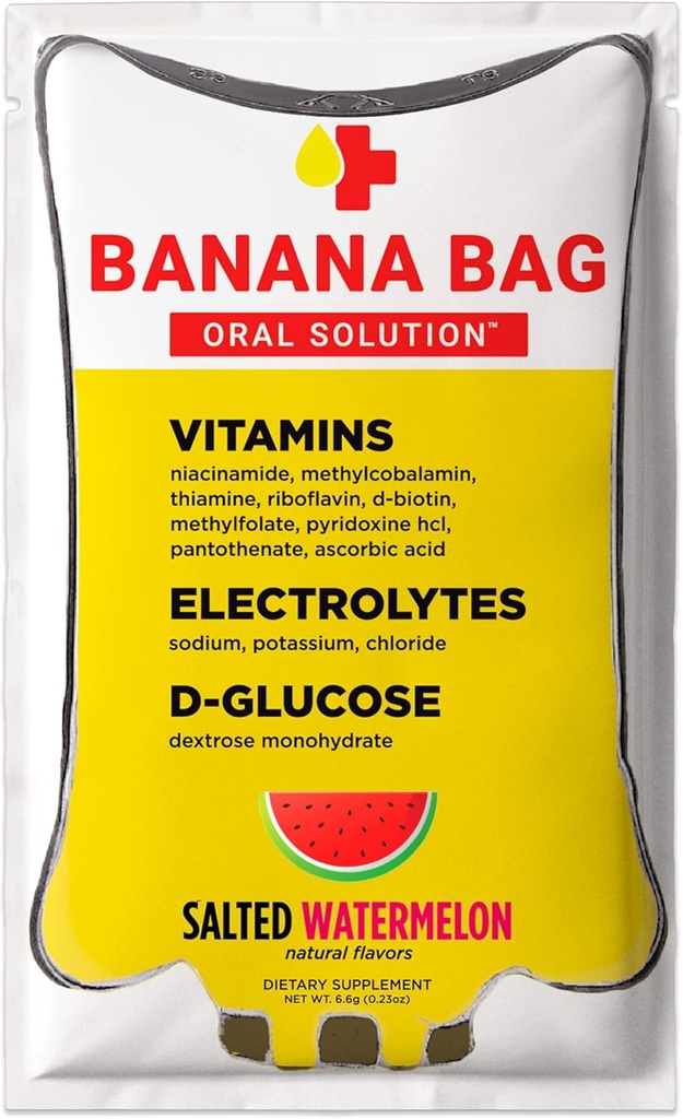 Sachet de banane Solution orale Packets – Pastèque salée 15pk.Un mélange rafraîchissant d'électrolytes, de vitamine C et de complexe B pour l'hydratation et l'énergie. Pratique, facile à utiliser et parfait pour une utilisation quotidienne.