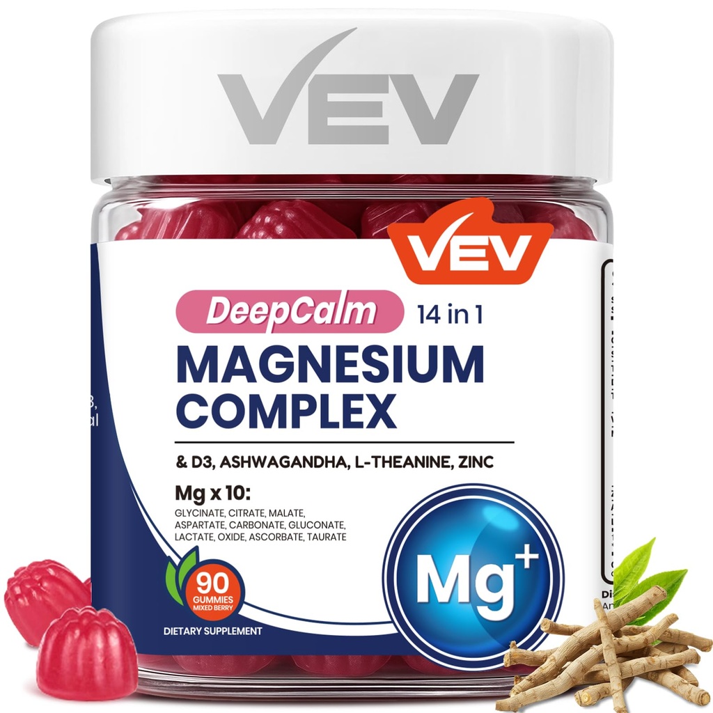 VEV Magnésium complexe DeepCalm 14-en-1 Gummies – avec Ashwagandha, L-Theanine, D3 & Zinc – Suppléments de cortisol pour les femmes – 90 Pas d'ajout de sucre Vegan Magnésium Glycinat complexe Gummies