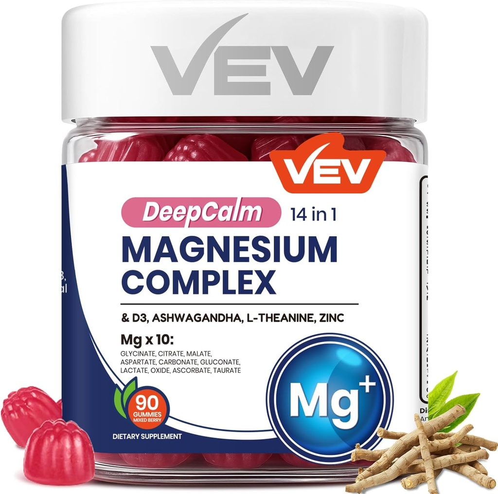 VEV Magnésium complexe DeepCalm 14-en-1 Gummies – avec Ashwagandha, L-Theanine, D3 & Zinc – Suppléments de cortisol pour les femmes – 90 Pas d'ajout de sucre Vegan Magnésium Glycinat complexe Gummies
