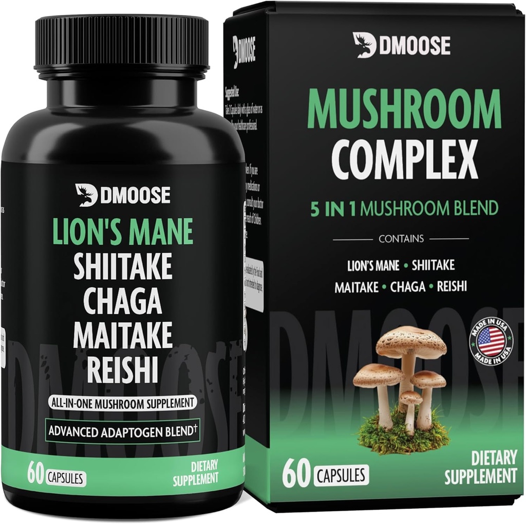 Complexe de champignons Lions Mane - 5300 mg Mélange adaptogène pour la mémoire, le focus et le soutien immunitaire - 5 en 1 Lionsmane, Chaga, Maitake, Shiitake et Reishi Extrait, Capsules de supplément de champignons nootropiques