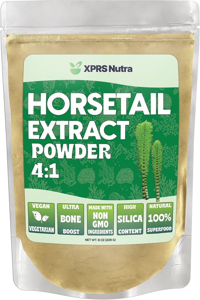 XPRS Nutra Horsetail Extract Poudre pour les cheveux, les ongles et les os - Poudre de racine de queue de cheval de haute puissance - teneur élevée en silice pour des résultats maximaux - Extrait de queue de porc végétalien (8 oz)