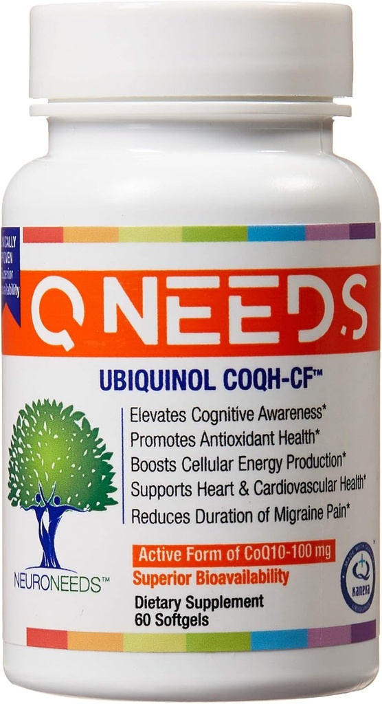 QNeeds® coqh-cf Ubiquinol 100 mg COQ10 Livraison améliorée prouvée cliniquement pour l'absorption maximale, soutien mitochondrial amélioré, antioxydant pour la santé cardiaque, 60 softgels de comte