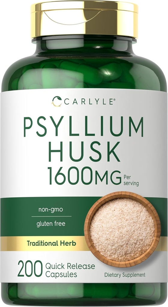 Carlyle Psyllium Husk Capsules 1600mg , 200 Comte , Supplément de fibre de haute puissance , sans OGM, sans gluten