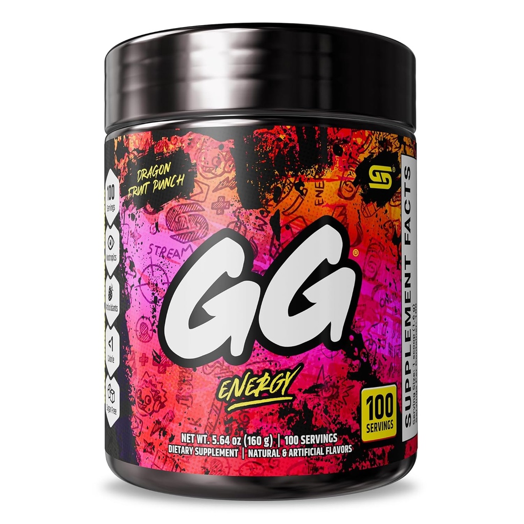 Gamer Supps GG® Energy - Dragonfruit Punch (100 portions) - Keto Friendly Gaming Energy et mélange nootropique, sans sucre + caféine biologique + vitamines, boisson en poudre