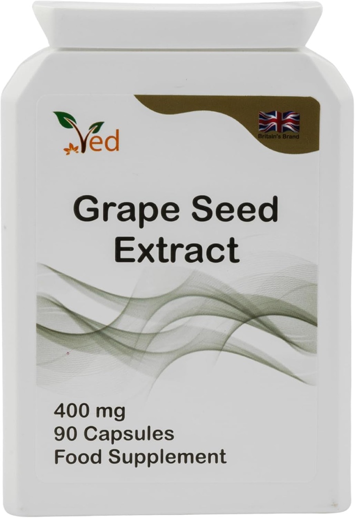 Capsules d'extrait de graines de raisin de l'OPC Ved, min. 95% Proanthocyanidines Oligomériques, 400 mg 90 Capsule végétalienne (3 mois d'approvisionnement)