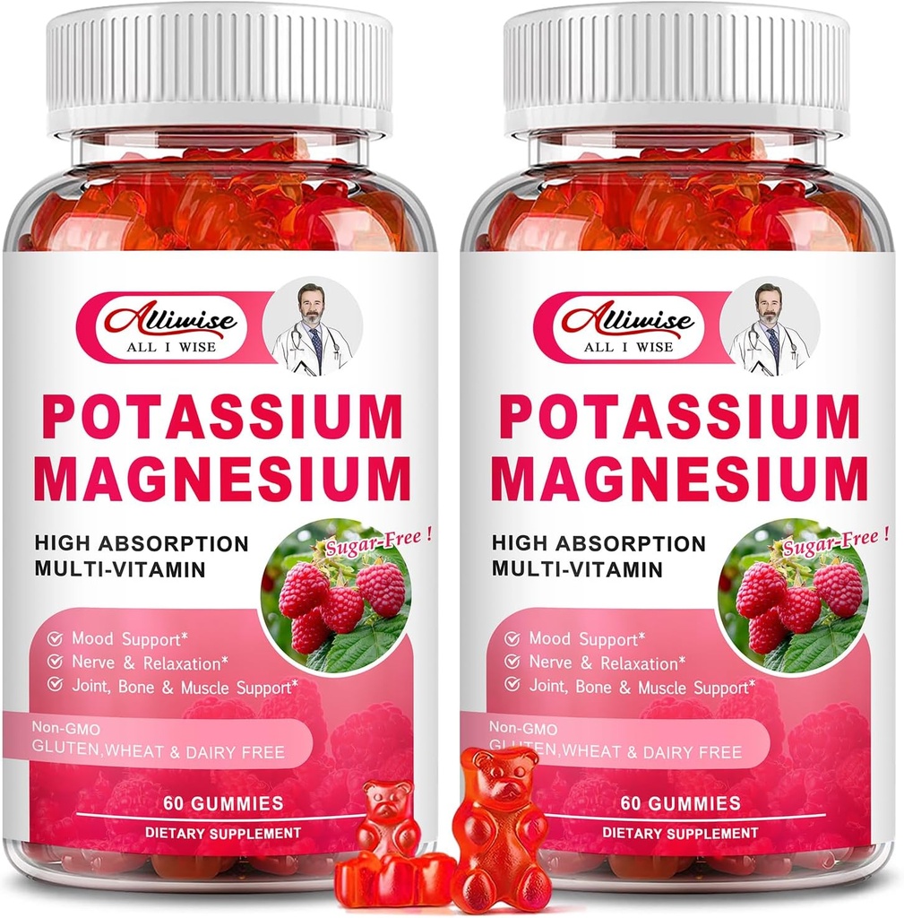 Gommies de supplément de magnésium de 2 paquets de potassium - Citrate de potassium et Glycinat de magnésium pour les crampes de jambes et les muscles, l'humeur et la relaxation, soutien énergétique avec vitamine B6, D3, C Arôme framboise