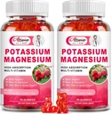 Gommies de supplément de magnésium de 2 paquets de potassium - Citrate de potassium et Glycinat de magnésium pour les crampes de jambes et les muscles, l'humeur et la relaxation, soutien énergétique avec vitamine B6, D3, C Arôme framboise