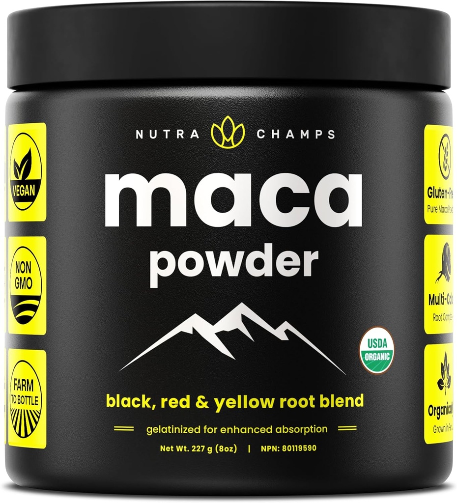 Poudre de maca biologique - Mélange de maca cultivé péruvien avec des racines jaunes, noires et rouges - Gélatinisé pour une biodisponibilité supérieure - Naturel, végétalien et non-OGM, 8oz