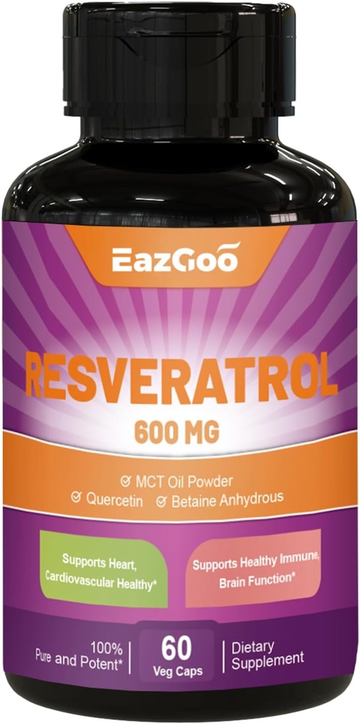 Resveratrol 600 mg, Supplément Trans-Resveratrol, Antioxydant Santé Vieillissement Soutien, 60 Capsules