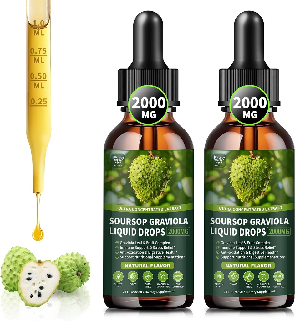 (2 Pack) Sourop Graviola Liquid Drops 2000mg, 98% Absorption pour le soutien cellulaire et la régénération, Immune Boost, Foie, Bien-être Herbacé, Sourop Bitters Liquid-Sugar/Gluten Free, Saveur naturelle, 4 Fl Oz