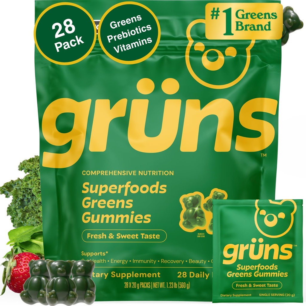 Gruns Adult Super Greens Multivitamin Gummies, Superfood Gummy Vitamins for Women and Men with Spirulina, Chlorella, Adaptogens & Prebiotic Fiber for Digestive Health (28 Count)