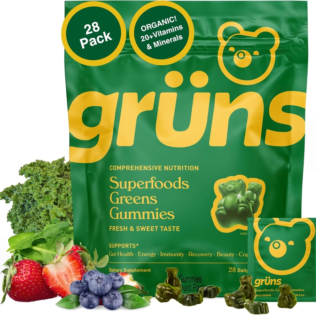 Gruns Adultes Super Greens Multivitamin Gummies, Superfood Vitamine Gummy Bears avec Spiruline, Chlorella, Fibre prébiotique pour la santé digestive, Supplément adaptogène, 20 Vitamines et Minéraux, 28 Compte