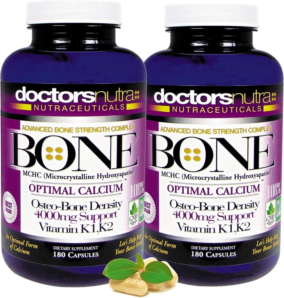 (Pack de 2) Calcium 1000 Milligrammes avec 4000 Milligrammes MCHC pour le calcium complet maximum de force osseuse Soutien par les médecins Nutra Nuraceuticals Plus K1. K2, Magnésium, vitamine D, zinc, et plus