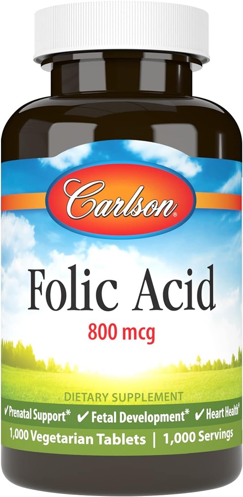 Carlson - Acide folique, 800 mcg, Fournit un soutien prénatal important, 1000 comprimés