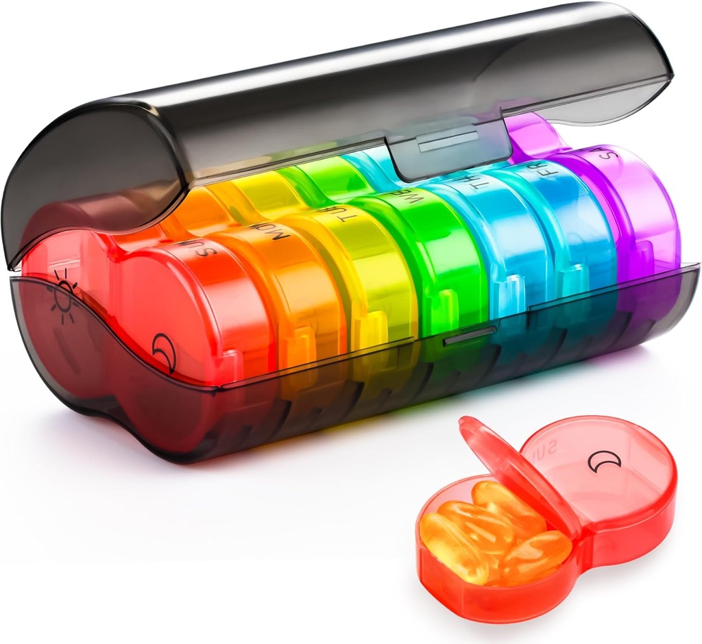 Yaklim Pill Organizer 2 Times a Day, Weekly Pill Box AM PM, Black Privacy Protection Daily Medicine Pill Organizer with Large BPA Free Pill Case for Holding Vitamins, Fish Oils, Supplements (Rainbow)