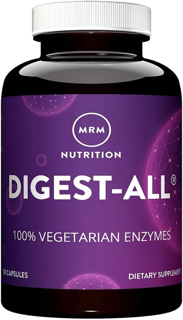 MRM Nutrition Digest-All ®= Enzymes digestifs== Amélioration de la digestion et de l'absorption== Lactase + Amylase + Lipase===Peut aider avec le soufflage et le gaz==100% Végétarien==100% Sans gluten==50 portions