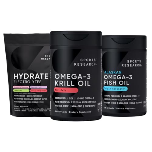 Recherche sportive Huile de krill de l'Antarctique Omega 3 Mini-Softgels 500mg avec des Phospholipides, Choline, Astaxanthine, Triple Strength Omega 3 Huile de poisson sans Burpless 1250mg, sans sucre multi-arômes électrolytes hydratants