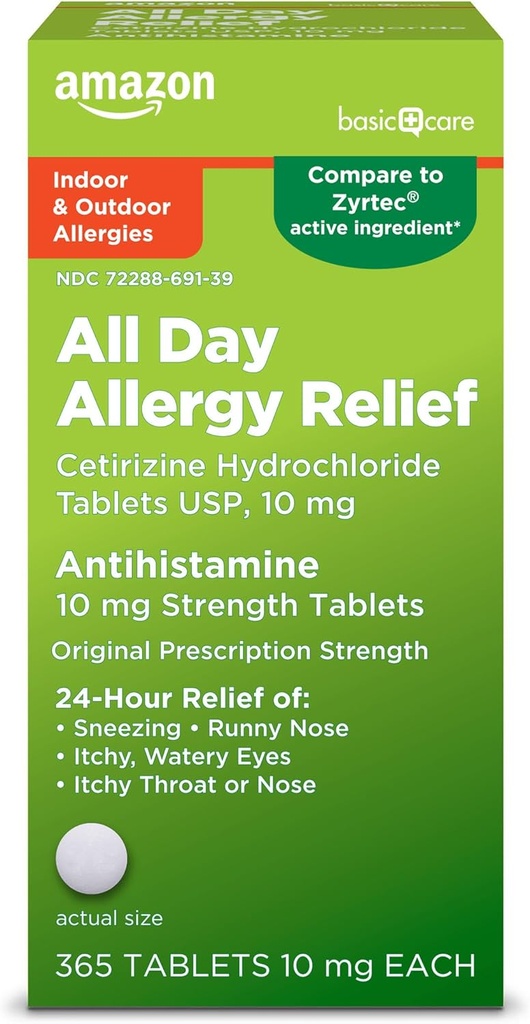 Soins de base Allergie toute la journée, Comprimés de chlorhydrate de cétirizine, Antihistaminique, 10 mg, 365 Nombre (Emballage peut varier)