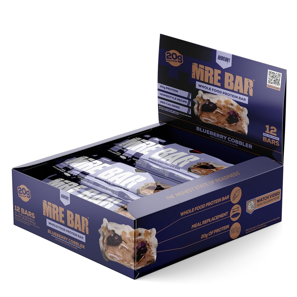 REDCON1 MRE Protein Bar, Blueberry Cobbler - Contient de l'huile MCT + 20g de protéines alimentaires entières - Facilement digestible, Macro équilibré Barre de remplacement de repas à faible teneur en sucre (12 barres)