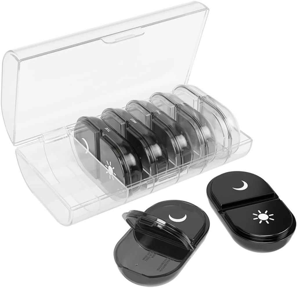 EZY DOSE Weekly (7-Jour) Individual AM/PM Pill Organizer quotidien avec cas, distributeur de médicaments portatifs, conteneur de pilules friendly durable voyage-friendly, 2X Day Compartiments pour vitamines et suppléments, noir