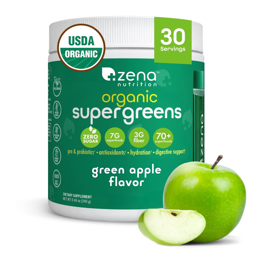 Zena Nutrition Bio Super Greens Poudre, 70+ Superfoods, 0 Sucre, Fibre 3G, Spiruline, Chlorella, Champignons, Prébiotiques/Probiotiques, Enzymes digestifs pour la santé des Guts, Pommes vertes, 30 portions