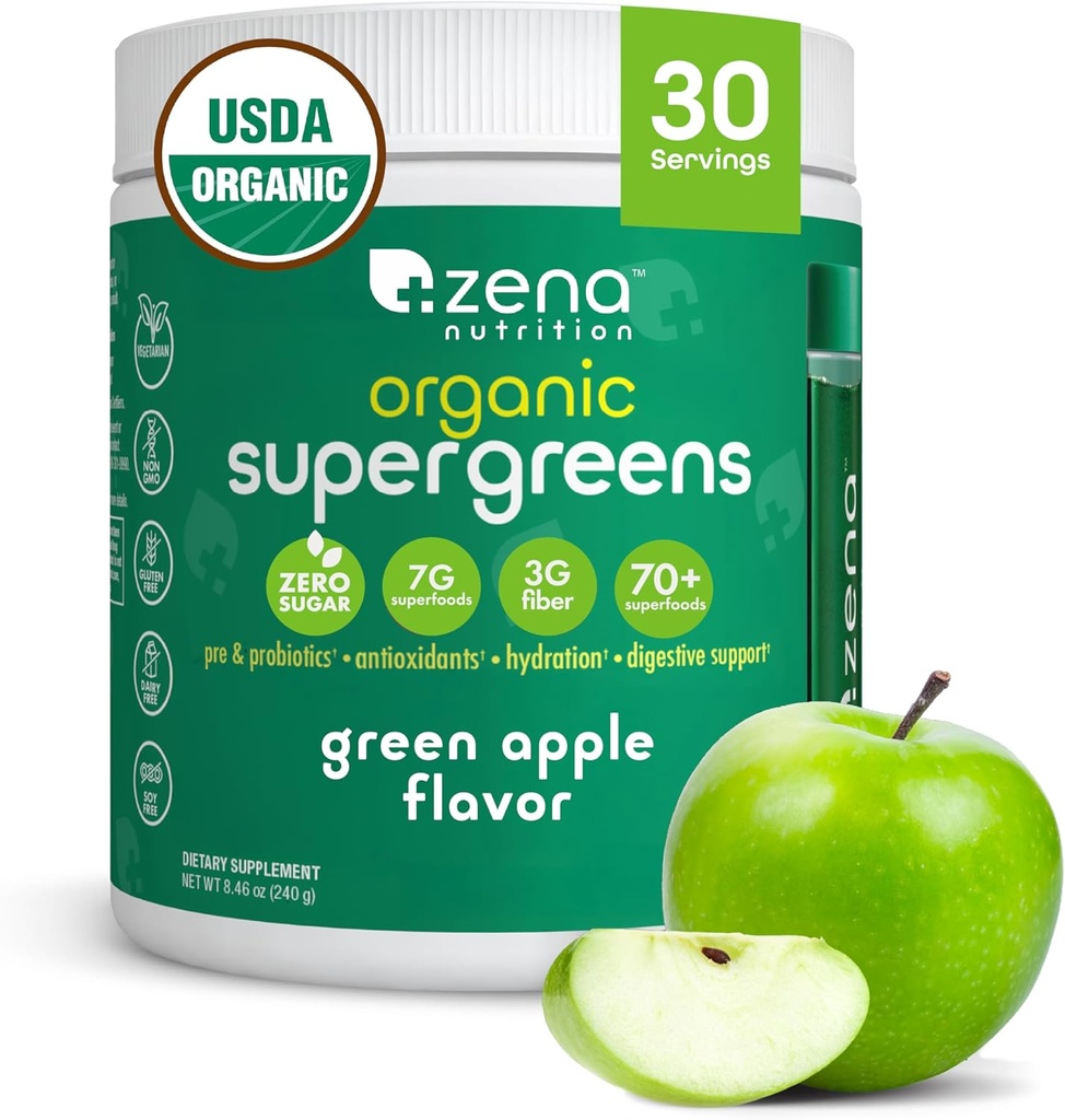 Zena Nutrition Organic Super Greens Powder, 70+ Superfoods, 0 Sugar, 3G Fiber, Spirulina, Chlorella, Antioxidants, Prebiotics/Probiotics, Digestive Enzymes, Green Apple, 30 Servings