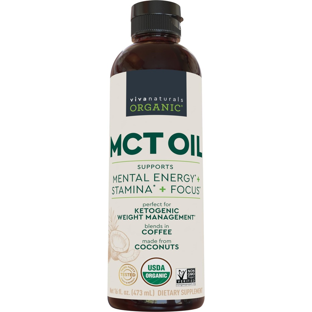 Viva Naturals Organic MCT Huile, 16 fl oz – MCT huile pour le café, USDA biologique, non-OGM, Paleo certifié et Keto amical, soutient énergie et clarté mentale