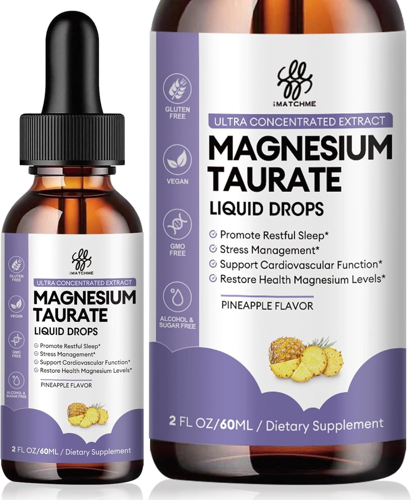Taurat de magnésium goutte liquide pour la fonction musculaire, Nerve et le soutien de la santé cardiaque, supplément de magnésium haute absorption avec B6, CoQ10, végétalien, non-OGM, sans gluten / sucre ananas aromatisé, 2 Fl Oz