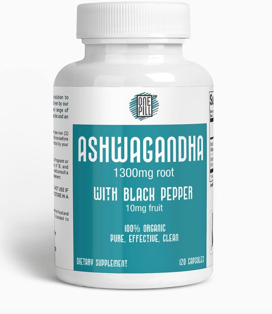 ASHWAGANDHA 1300 mg de racine organique avec poivre noir. Supplément de soutien au stress naturel et à l'humeur 120 capsules