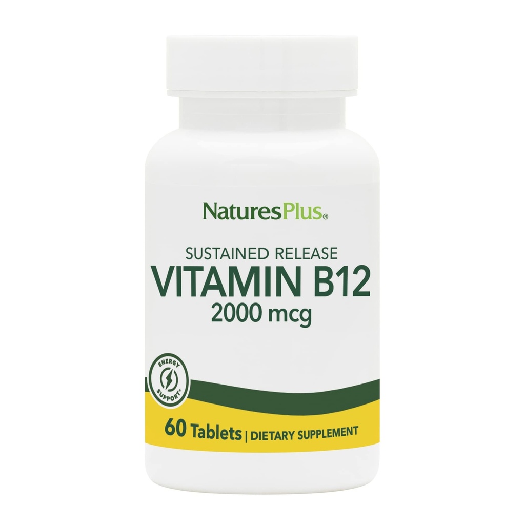 Natures Plus vitamine B12 (méthylcobalamine), libération prolongée - 2000 mcg, 60 comprimés végétariens - Soutien de cellules sanguines rouges de haute puissance - Booster d'énergie naturelle - Sans gluten - 60 portions